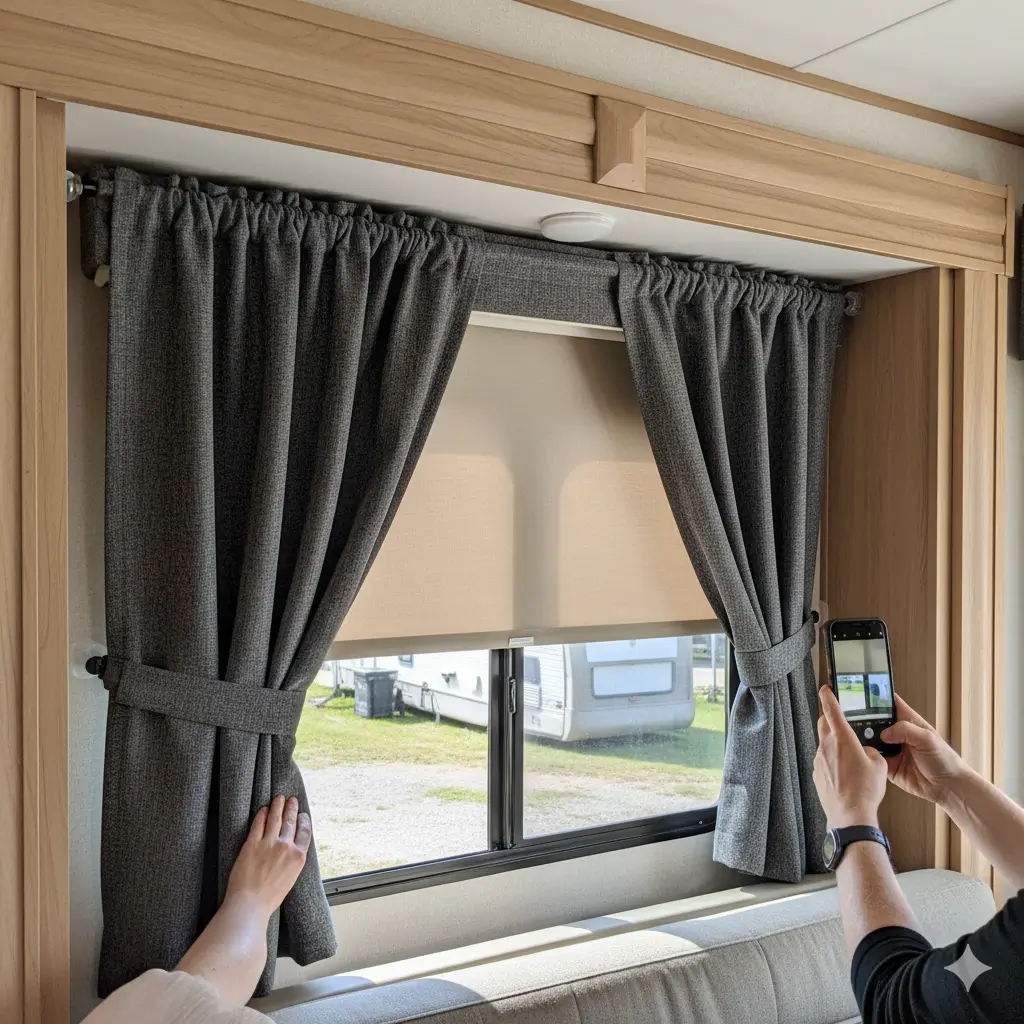 Install curtains over RV roller shades without drilling